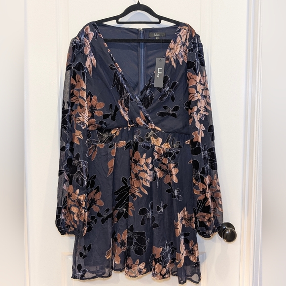 NWT Lulus Navy Blue Floral Burnout Velvet Long Sleeve Mini Dress XXL Party - Picture 3 of 10